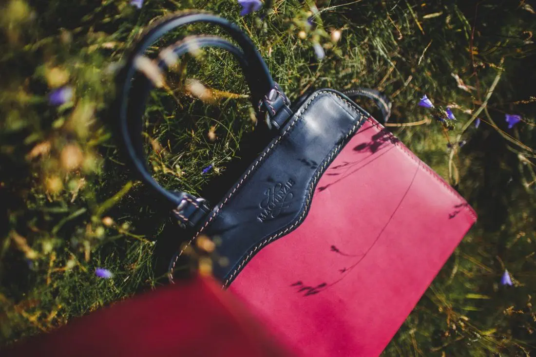 Women's leather Holyrood bag in Italian soft hide Thistle pink colour, handmade by Mackenzie Leather Edinburgh.