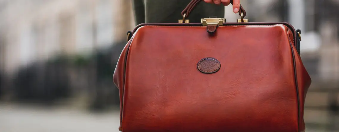 Travel leather Gladstone briefcase bag, British design in Italian soft hide matt brown colour.