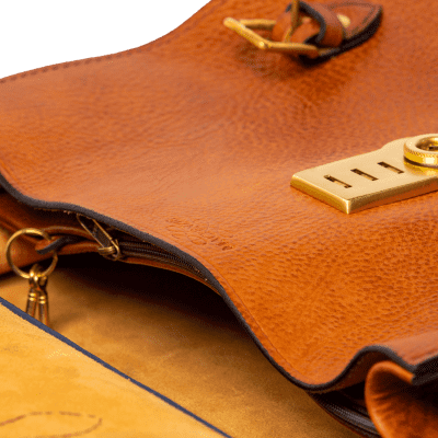 Leather Treasury Briefcase in Italian saddle hide antique tan, handmade by Mackenzie Leather Edinburgh.