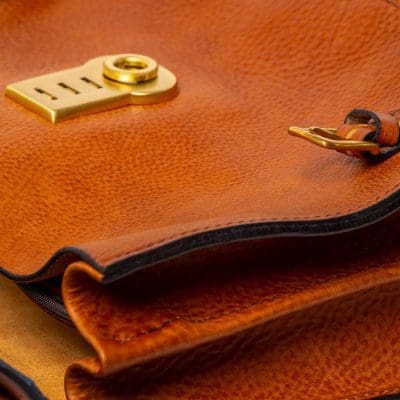 Leather Treasury Briefcase in Italian saddle hide antique tan, handmade by Mackenzie Leather Edinburgh.