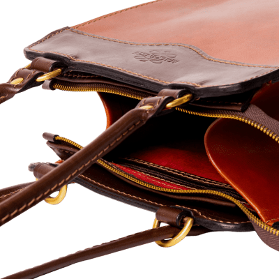 Shoulder & backpack leather Rucksack in Spanish soft hide shiny tan, handmade by Mackenzie Leather Edinburgh.