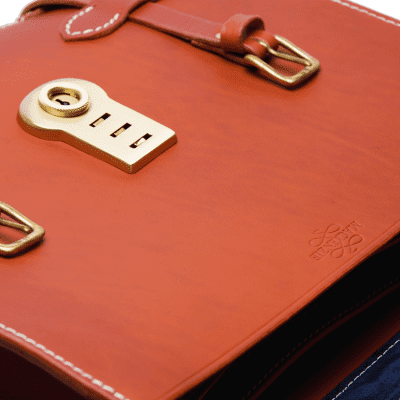 Leather Officers Briefcase in Italian saddle hide London tan, handmade by Mackenzie Leather Edinburgh.