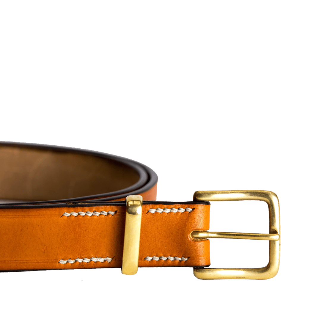 Leather British Oak belt in British oak bark bridle hide London tan colour, handmade and handstitched by Mackenzie Leather Edinburgh.