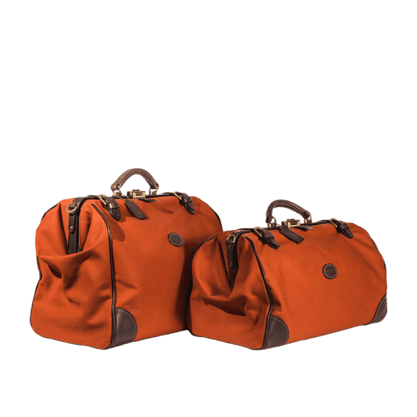 Waterproof travel bag in canvas & leather russet, handmade by Mackenzie Leather Edinburgh.