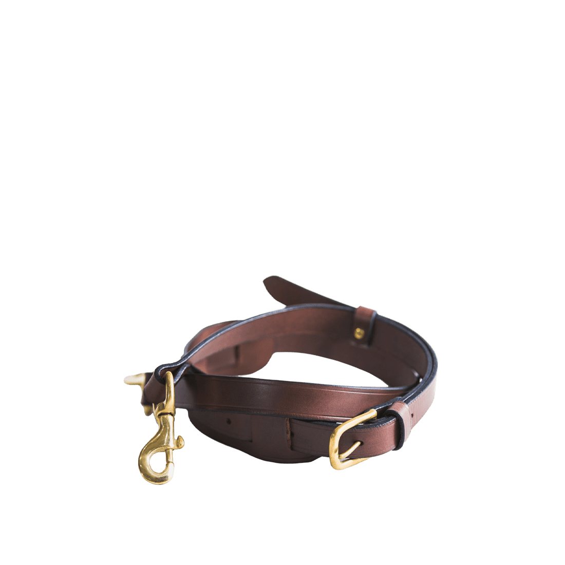 Leather & webbing strap in Italian saddle hide chestnut colour, handmade by Mackenzie Leather Edinburgh.
