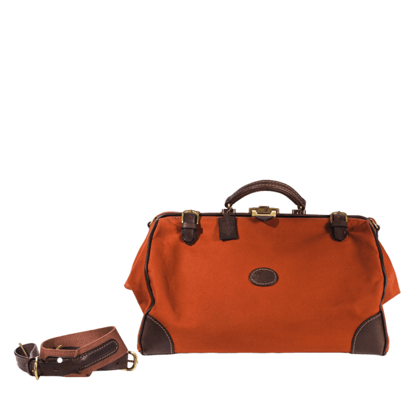 Waterproof travel bag in canvas & leather overnight in russet colour, handmade by Mackenzie Leather Edinburgh.