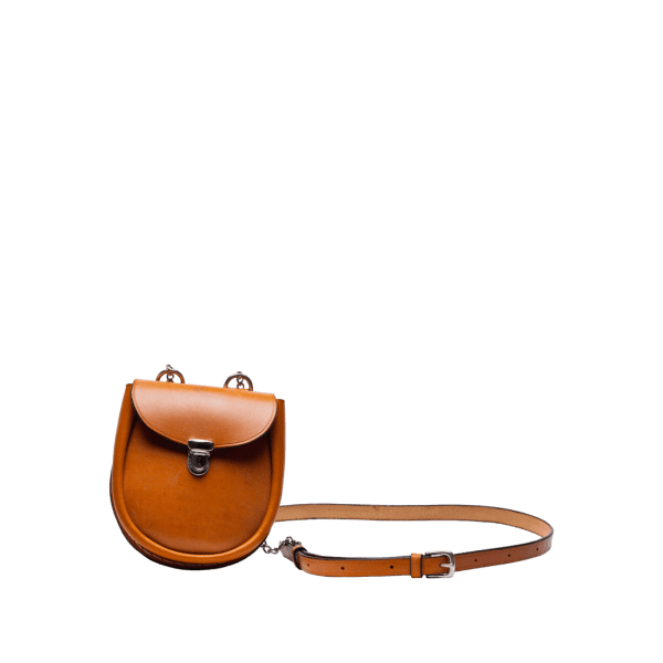 Leather shoulder Ladies Oak Sporran shoulder bag in British Oak bridle hide London tan colour, handmade by Mackenzie Leather Edinburgh.