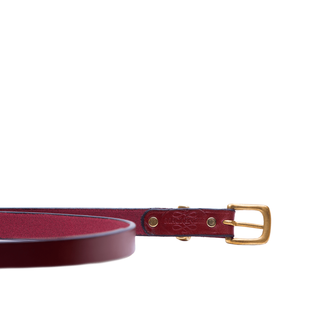 Leather Women belt in Italian saddle hide burgundy colour, handmade by Mackenzie Leather Edinburgh.