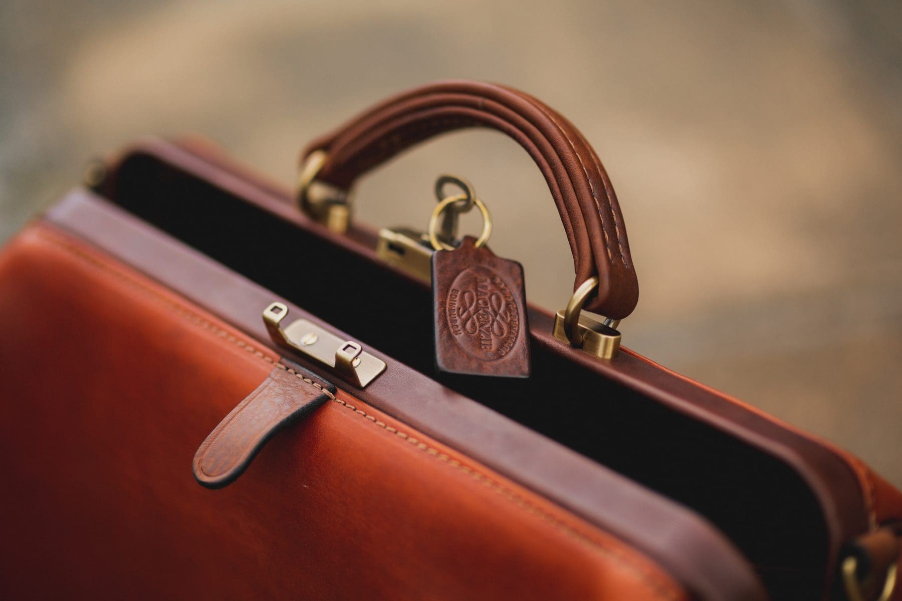 Travel leather Gladstone briefcase bag, British design in Italian soft hide matt tan by Mackenzie Leather Edinburgh.