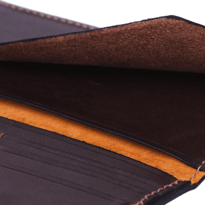 Leather Suit Wallet in Spanish soft hide shiny brown, handmade by Mackenzie Leather Edinburgh.